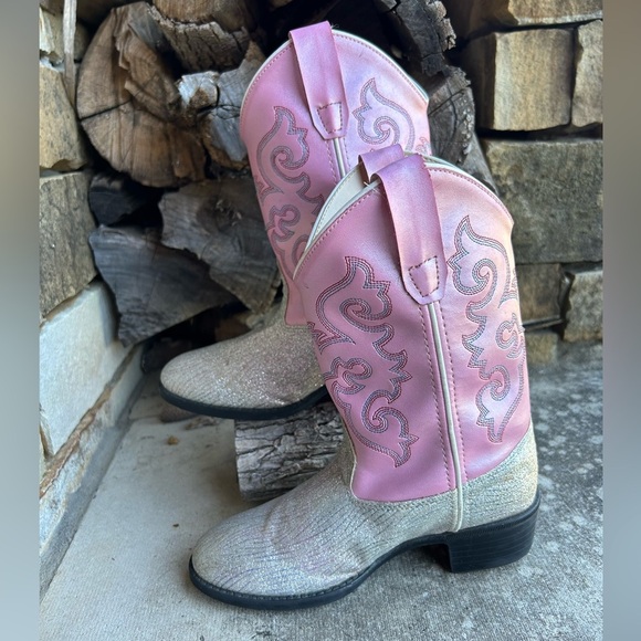 Old West Pink and silver glitter cowboy western kids Boots Sz-1. A - Picture 4 of 12